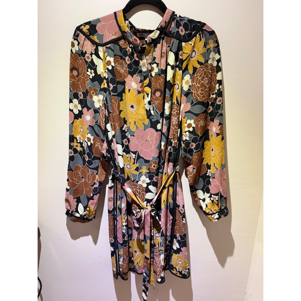 DR2 by Daniel Rainn Floral Long Sleeve Mini Dress Belted Mustard Pink Large